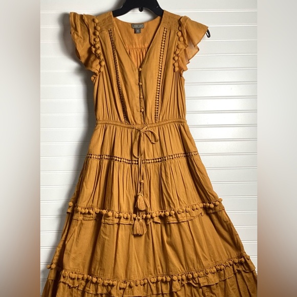 Yellow Tiered Ruffled Midi Dress with Flutter Sleeves size 0 - Picture 3 of 10